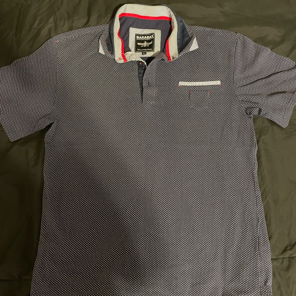 Barabas Polo Navy Shirt. Size Large  navy white dots.